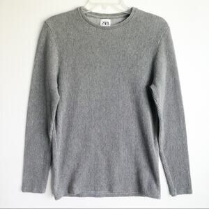 Zara Chunky Ribbed Crewneck Thick Knit Long Sleeve Top Gray Small